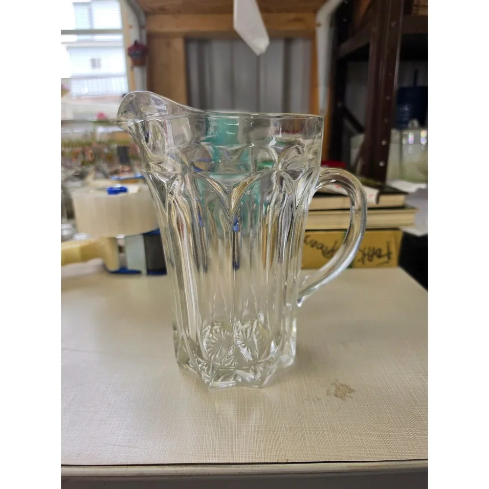 Vintage Clear Pressed Glass Pitcher Paneled Starburst Base Heavy Juice Water Jug